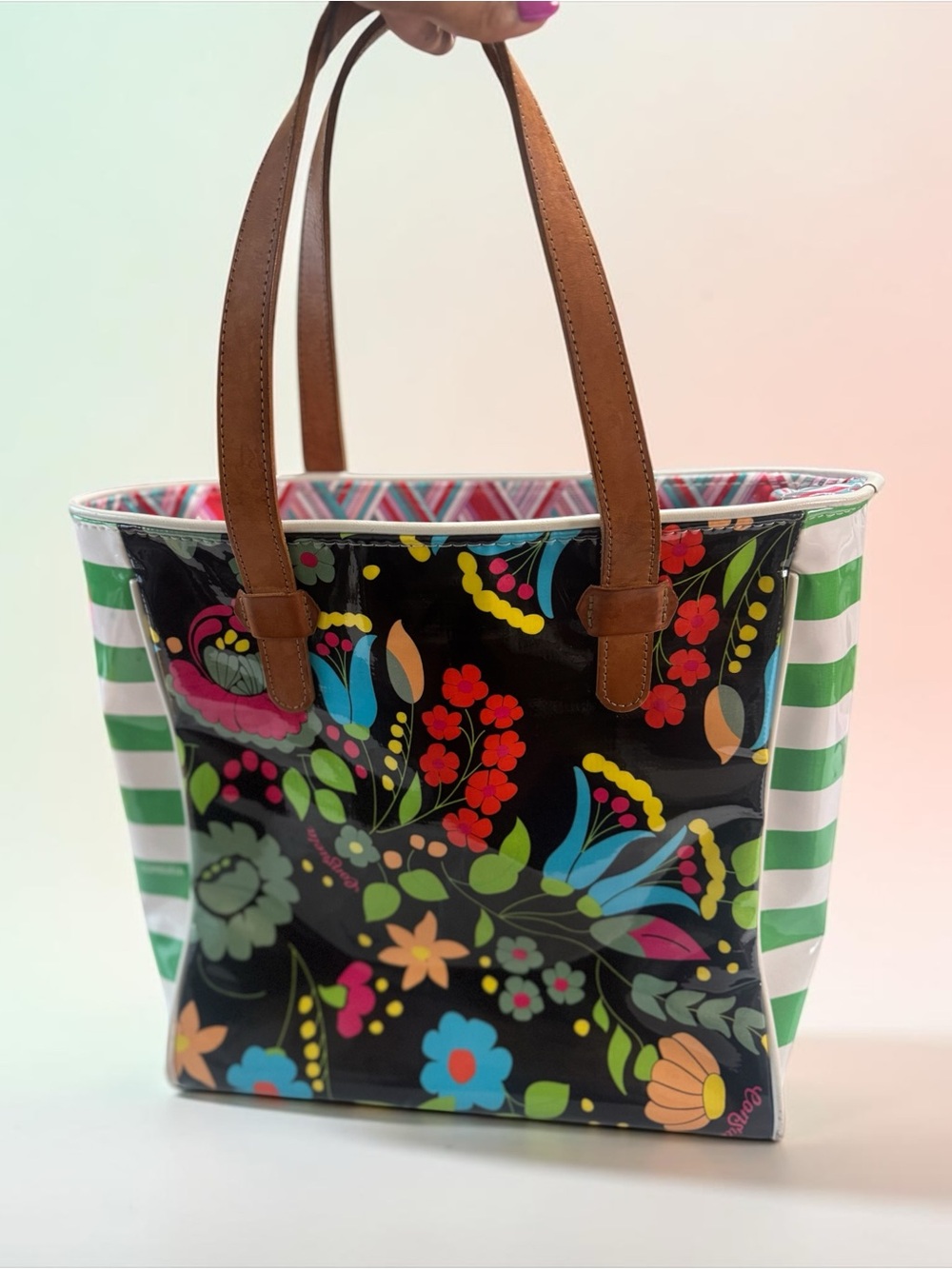 Consuela Black Floral Tote with Brown Handles and Green-White Striped Sides